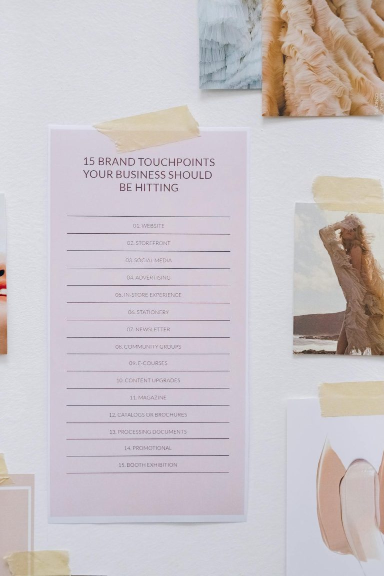 Aesthetic mood board with brand strategy checklist and art pieces taped to a wall.